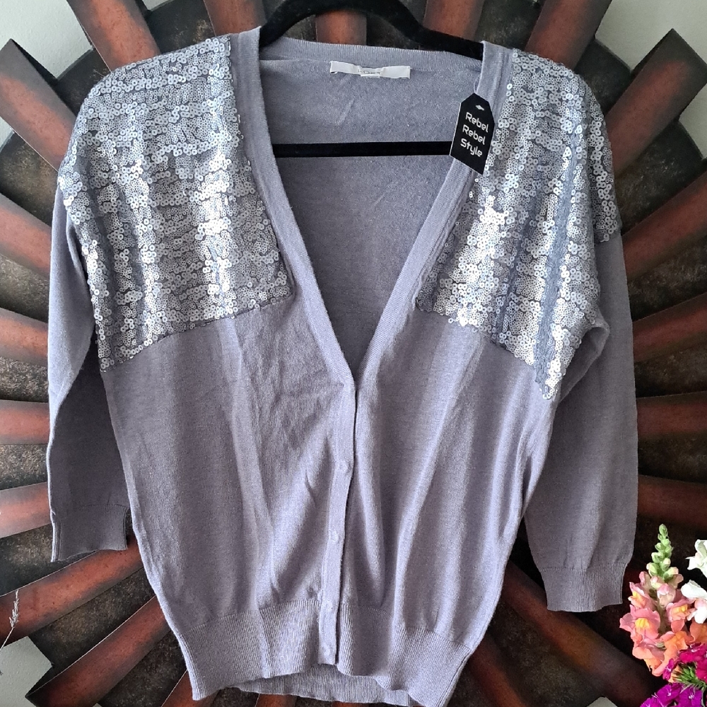 NWOT LOFT Gray Silver Cardigan with Shimmering Details